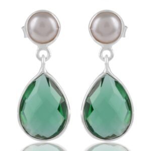 Silver pearl earrings with green teardrop gemstones in sterling silver setting main view