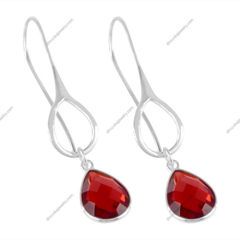 Red Quartz dangle earrings in sterling silver with teardrop gemstone design alternate image