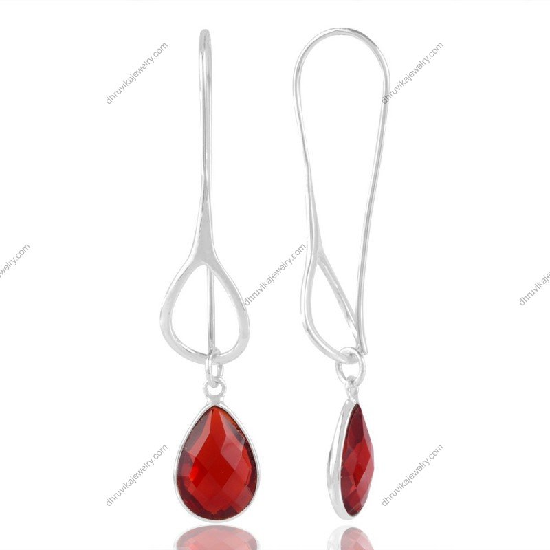 Red Quartz dangle earrings in sterling silver with teardrop gemstone design view1