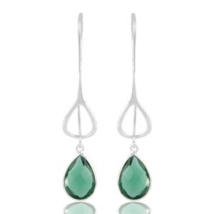 Elegant silver drop earrings with green teardrop gemstones, sterling silver jewelry for women main view