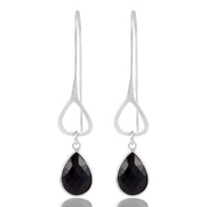 Sterling silver black onyx dangle earrings with teardrop gemstone design main view