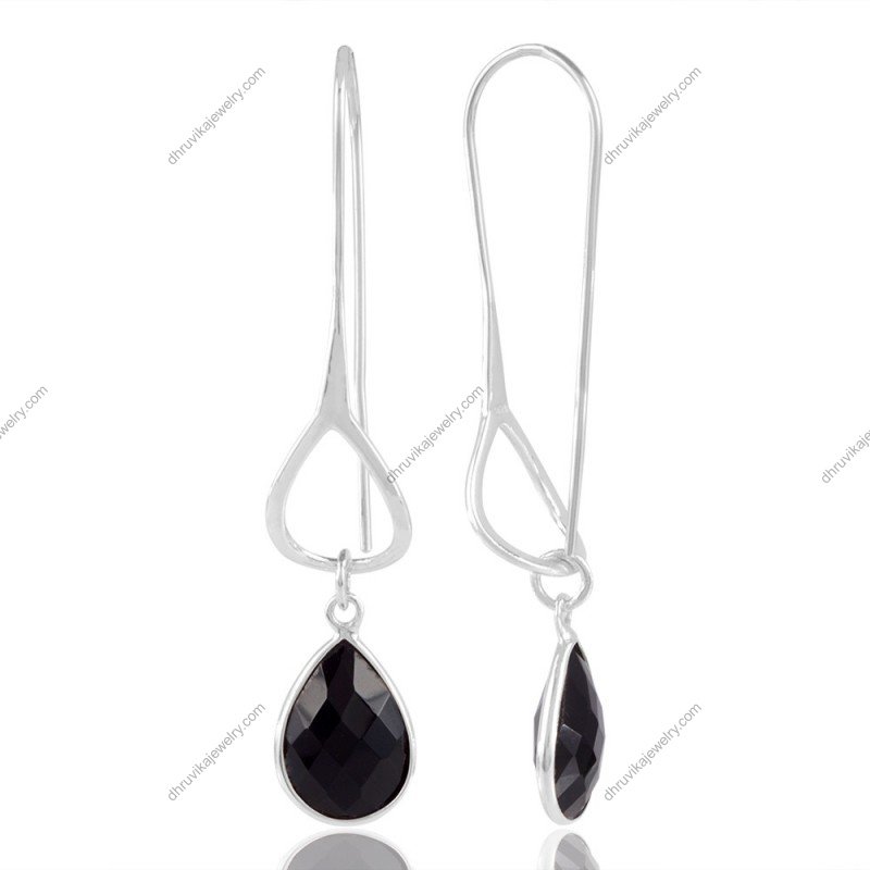Sterling silver black onyx dangle earrings with teardrop gemstone design view1