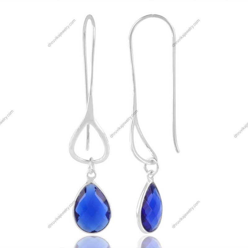 Elegant silver drop earrings with faceted blue gemstone, perfect for any occasion. view1