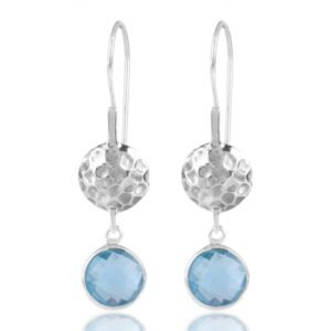 Sterling silver blue topaz dangle earrings with hammered silver disc and faceted gemstone main view