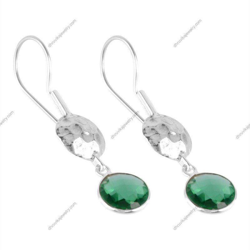Handcrafted silver dangle earrings with green gemstone and hammered texture alternate image