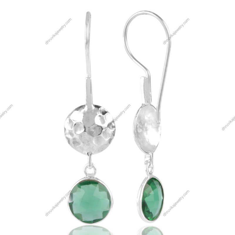Handcrafted silver dangle earrings with green gemstone and hammered texture view1