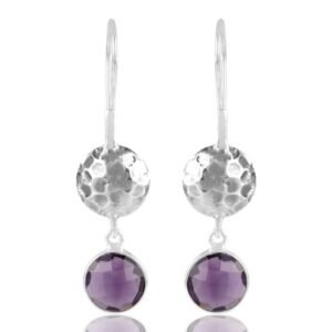 Sterling silver amethyst dangle earrings with hammered silver disc and faceted gemstone main view