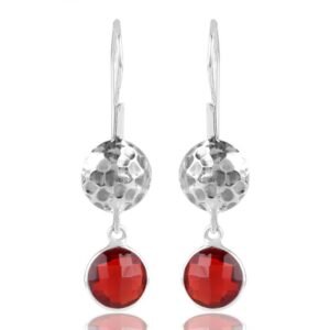 Red quartz dangle earrings in sterling silver with hammered silver accents main view