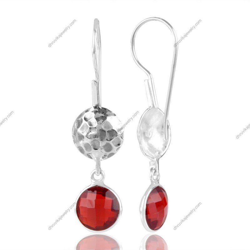 Red quartz dangle earrings in sterling silver with hammered silver accents alternate image