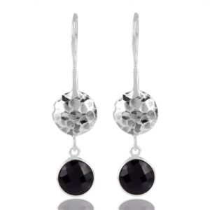 Elegant silver dangle earrings with hammered discs and black gemstones main view