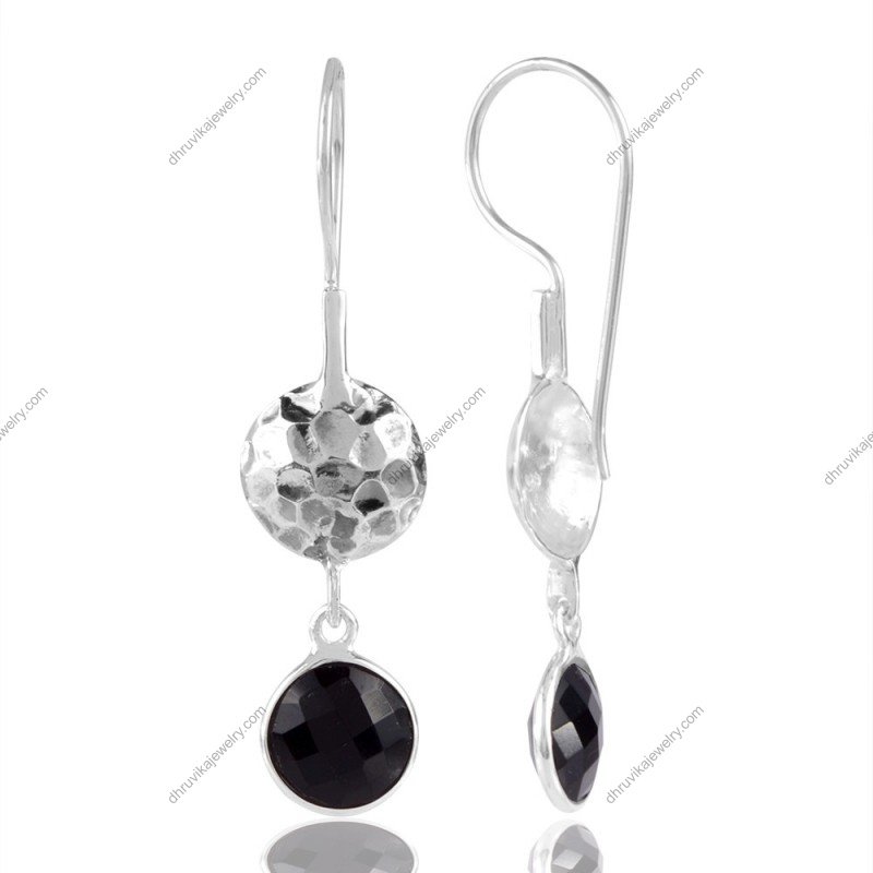 Elegant silver dangle earrings with hammered discs and black gemstones view1