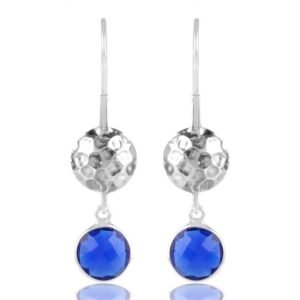 Sterling silver blue gemstone dangle earrings with hammered silver spheres main view