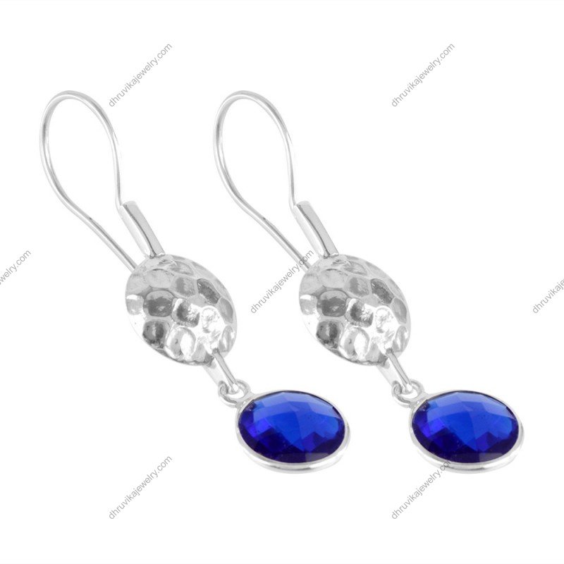 Sterling silver blue gemstone dangle earrings with hammered silver spheres alternate image