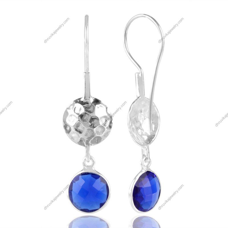 Sterling silver blue gemstone dangle earrings with hammered silver spheres view1