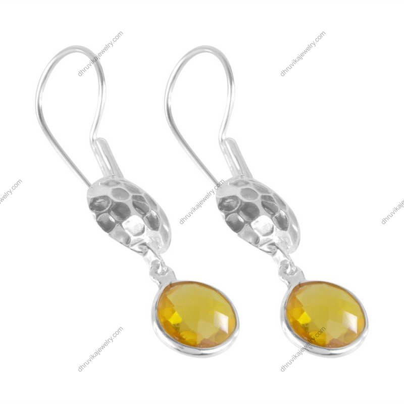 Yellow Chalcedony dangle earrings in sterling silver with hammered detail alternate image