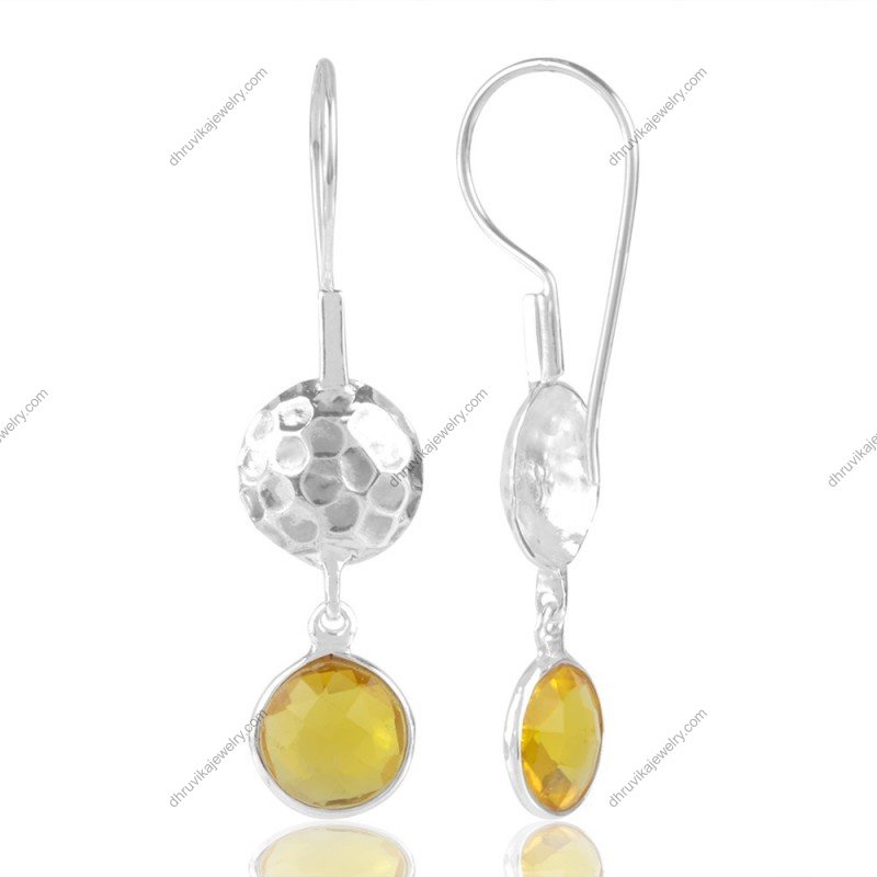 Yellow Chalcedony dangle earrings in sterling silver with hammered detail view1