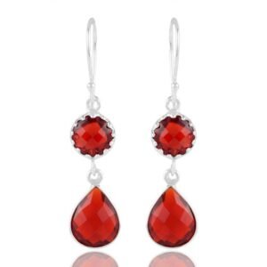 Elegant red quartz dangle earrings set in sterling silver with teardrop gemstone detail main view