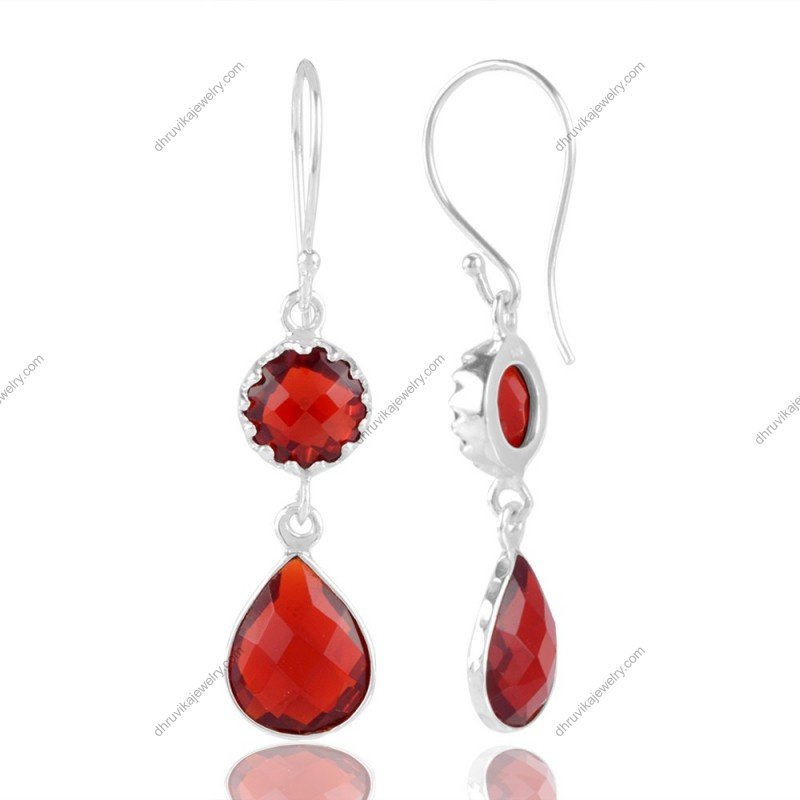 Elegant red quartz dangle earrings set in sterling silver with teardrop gemstone detail view1