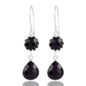 Sterling silver black onyx dangle earrings with faceted gemstones main view