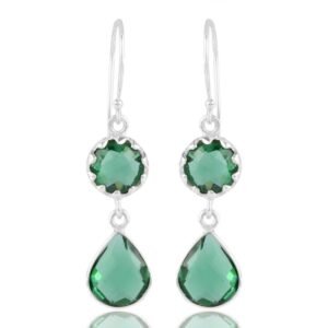 Sterling silver green gemstone dangle earrings with round and teardrop faceted stones main view