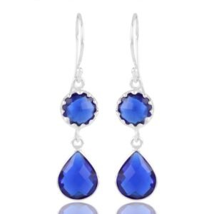 Sterling silver blue gemstone dangle earrings with teardrop and round stones main view