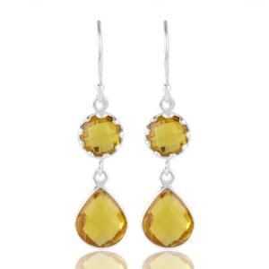 Silver citrine drop earrings with faceted gemstones in sterling silver setting main view