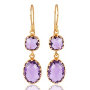 Silver amethyst dangle earrings with gold-plated setting and faceted gemstones main view