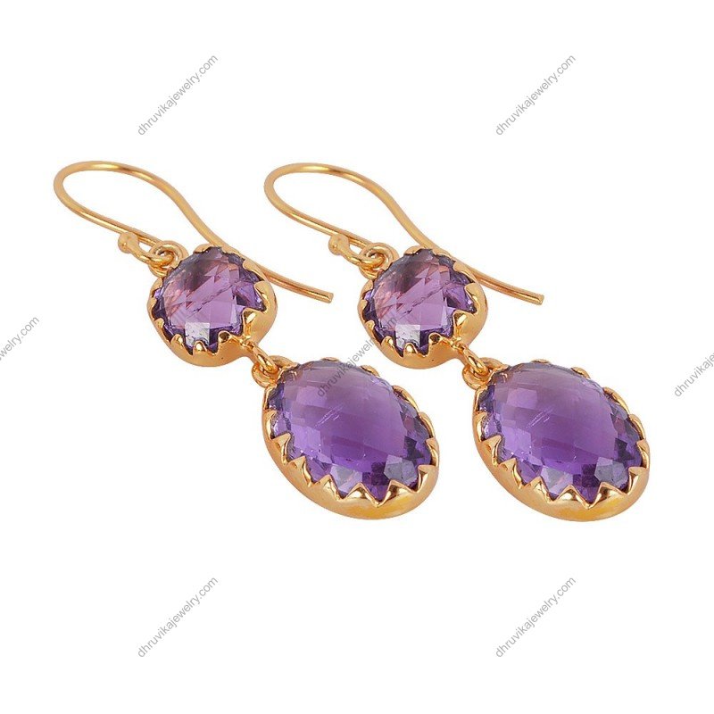 Silver amethyst dangle earrings with gold-plated setting and faceted gemstones alternate image