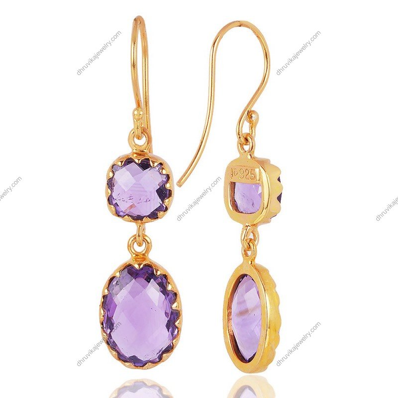 Silver amethyst dangle earrings with gold-plated setting and faceted gemstones view1