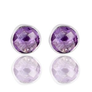 Sterling silver amethyst stud earrings with round-cut faceted stones main view