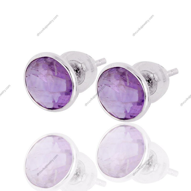 Sterling silver amethyst stud earrings with round-cut faceted stones alternate image
