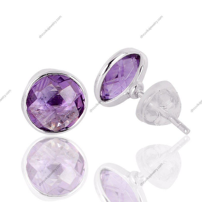 Sterling silver amethyst stud earrings with round-cut faceted stones view1