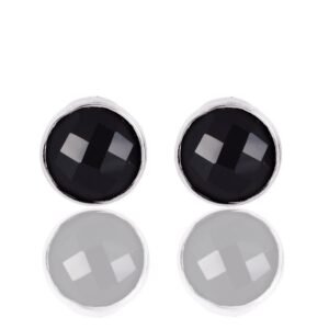 Silver black onyx stud earrings in sterling silver with a minimalist bezel setting. main view