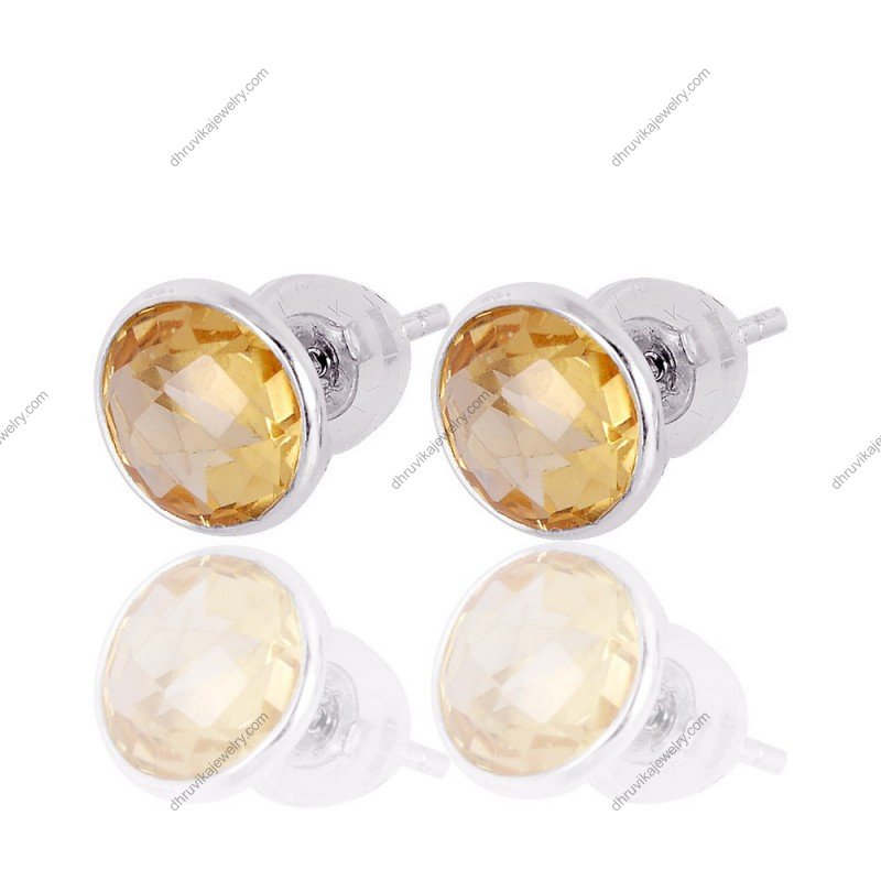 Silver citrine stud earrings with round faceted gemstones in sterling silver setting alternate image
