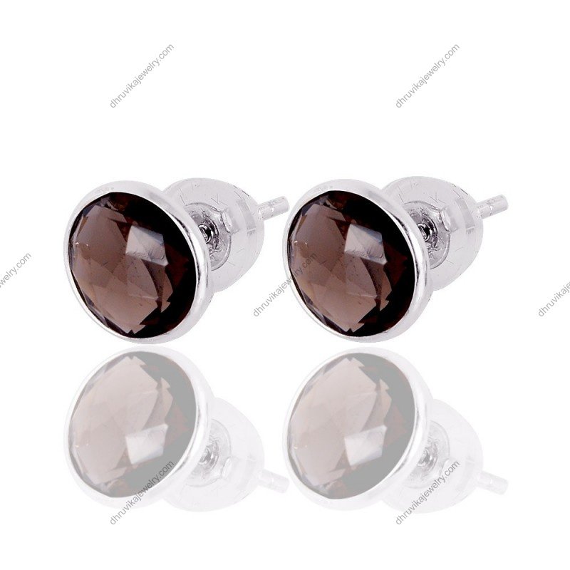 Silver smoky quartz stud earrings in sterling silver setting alternate image