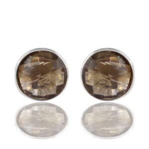 Smoky quartz stud earrings in sterling silver with round-cut gemstones main view