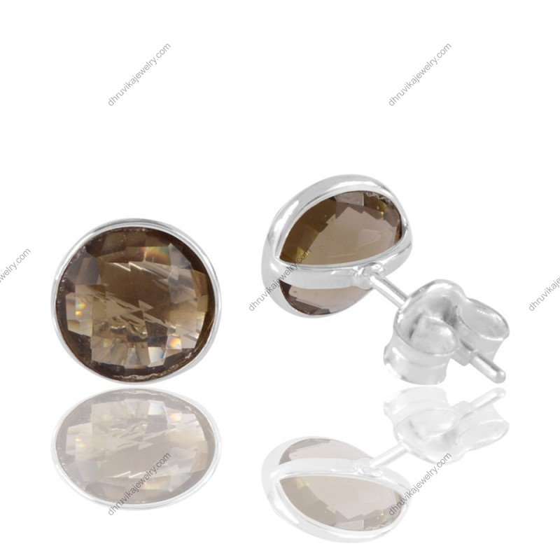 Smoky quartz stud earrings in sterling silver with round-cut gemstones view1