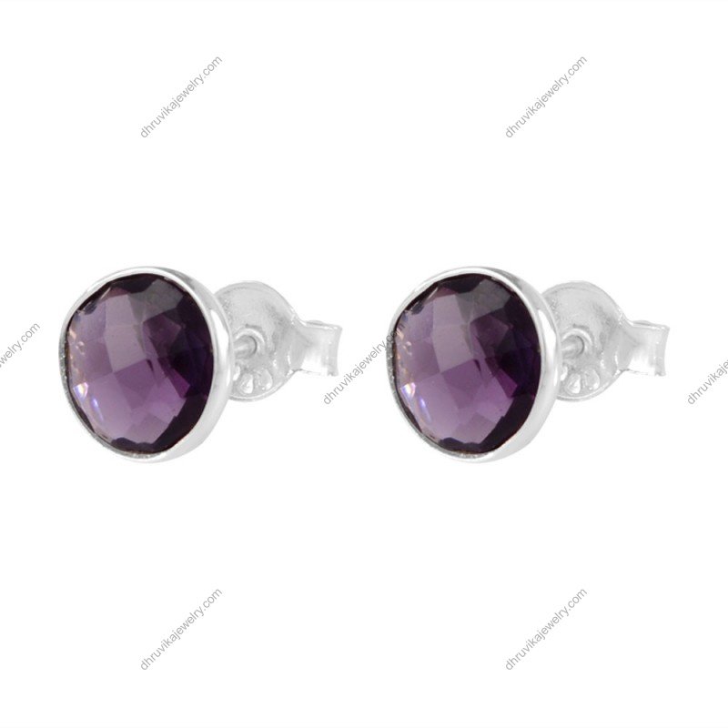 Silver amethyst stud earrings with deep-purple faceted gemstones in sterling silver setting alternate image