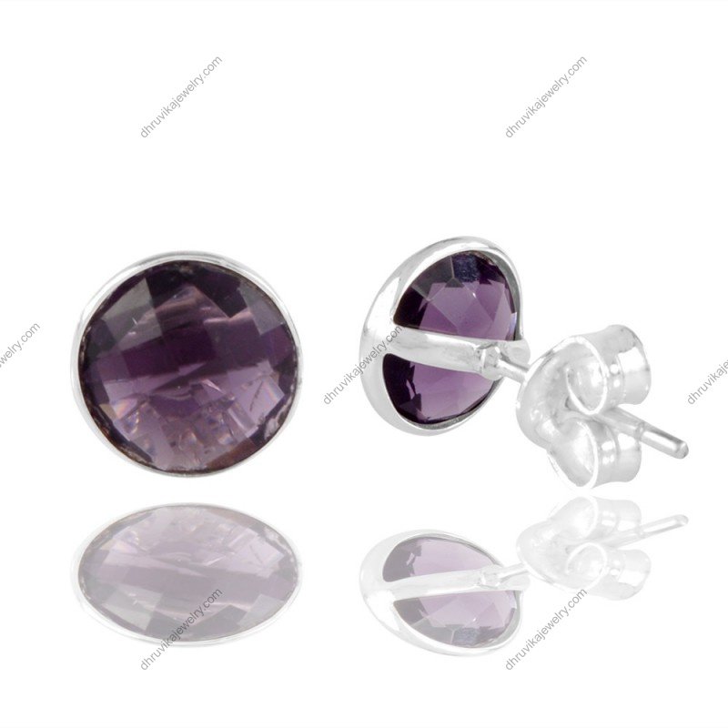 Silver amethyst stud earrings with deep-purple faceted gemstones in sterling silver setting view1
