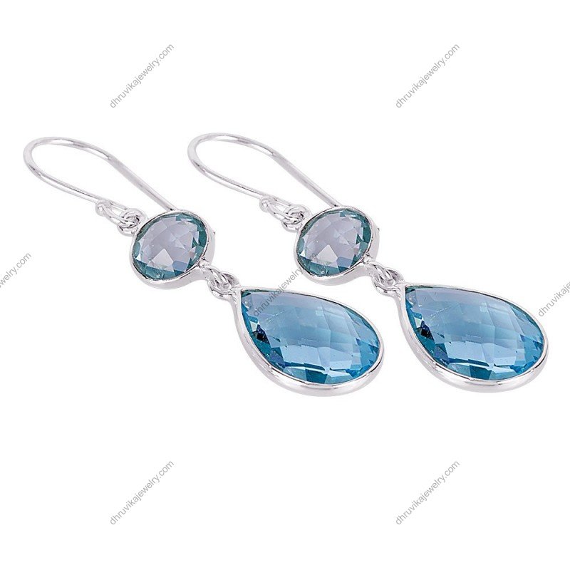 Silver blue topaz dangle earrings in sterling silver with faceted gemstones, elegant jewelry alternate image