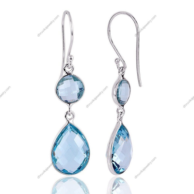 Silver blue topaz dangle earrings in sterling silver with faceted gemstones, elegant jewelry view1