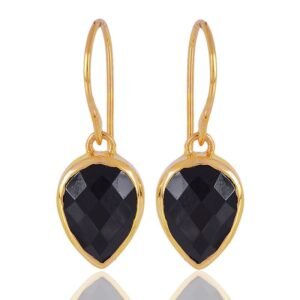 black onyx gold-plated silver drop earrings with faceted gemstones main view