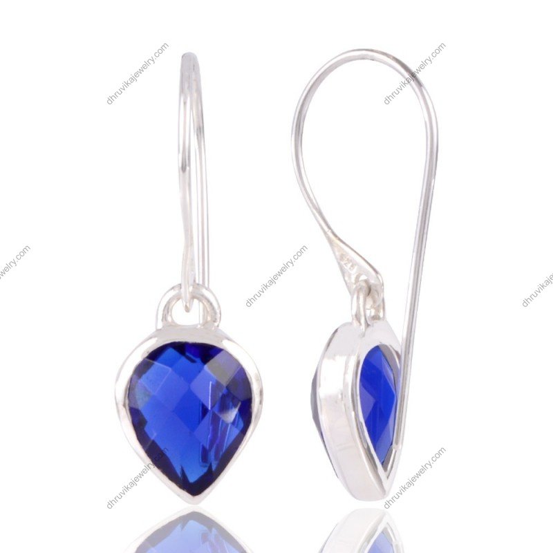 Elegant blue quartz dangle earrings in sterling silver, teardrop design alternate image