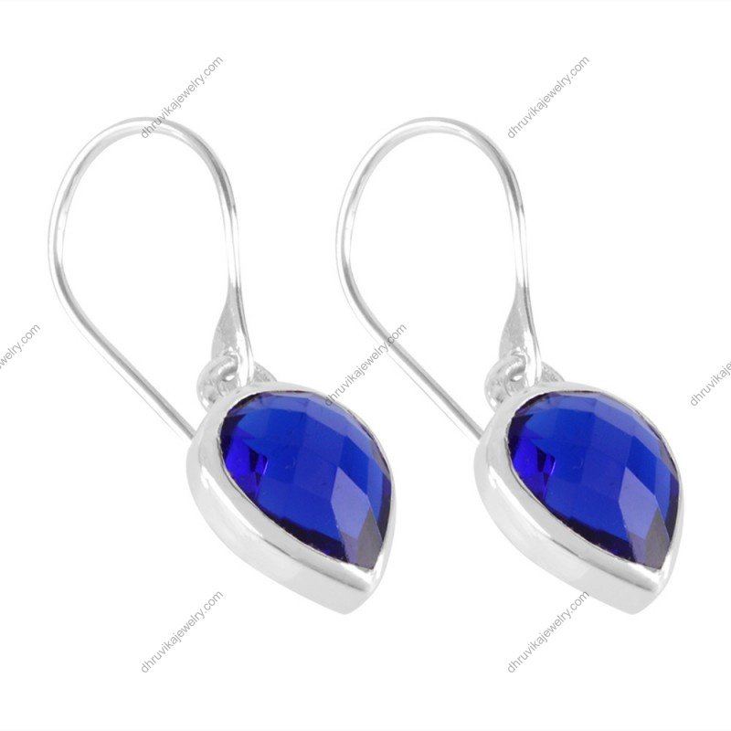 Elegant blue quartz dangle earrings in sterling silver, teardrop design view1