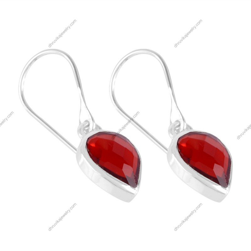 Red Quartz dangle earrings in sterling silver with pear-shaped gemstone alternate image