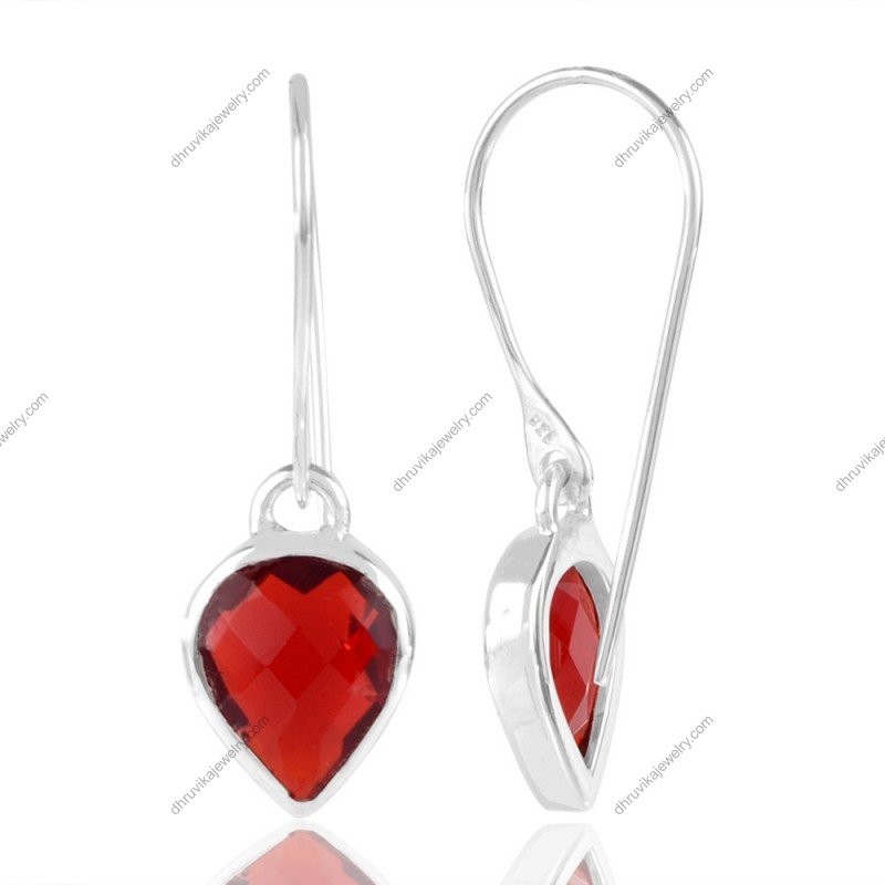 Red Quartz dangle earrings in sterling silver with pear-shaped gemstone view1