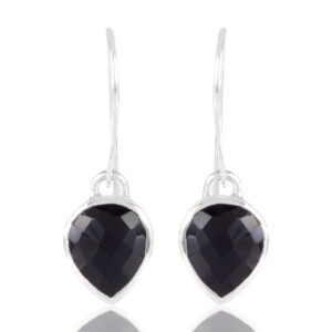 Sterling silver black onyx drop earrings with a pear-shaped gemstone in a sleek silver setting main view