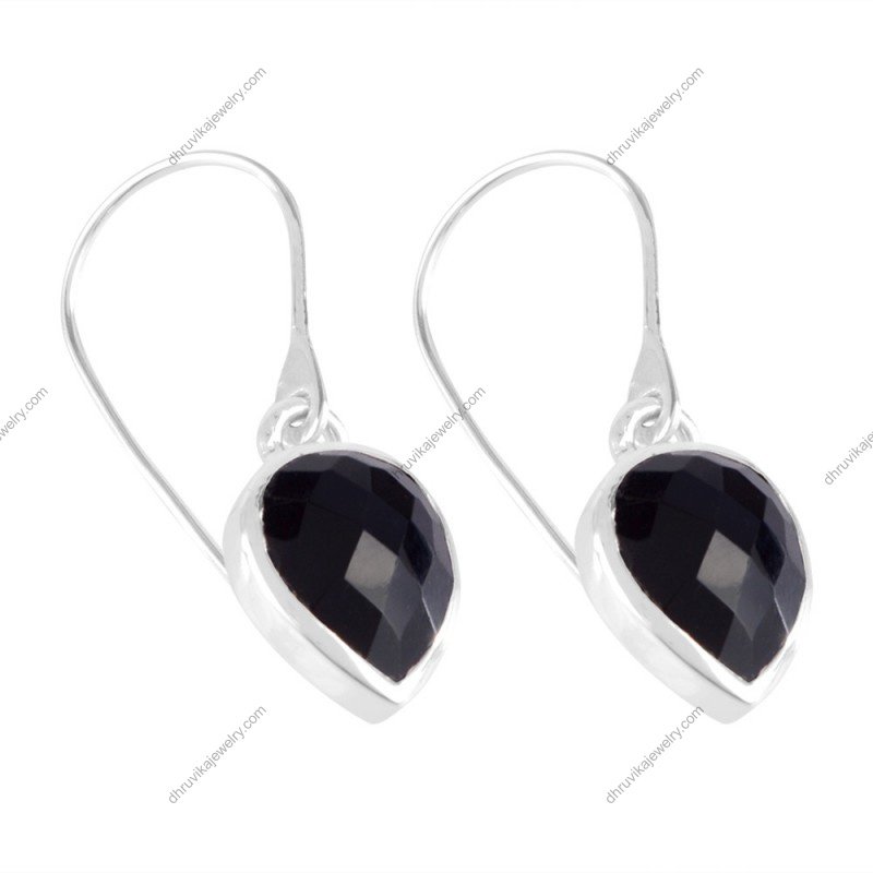 Sterling silver black onyx drop earrings with a pear-shaped gemstone in a sleek silver setting alternate image