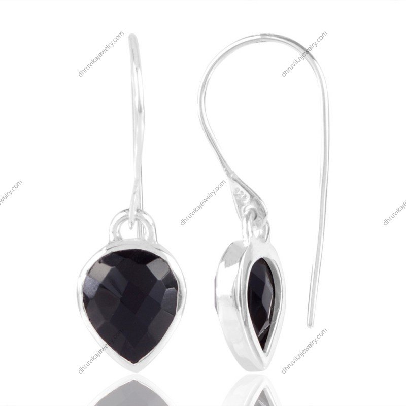 Sterling silver black onyx drop earrings with a pear-shaped gemstone in a sleek silver setting view1