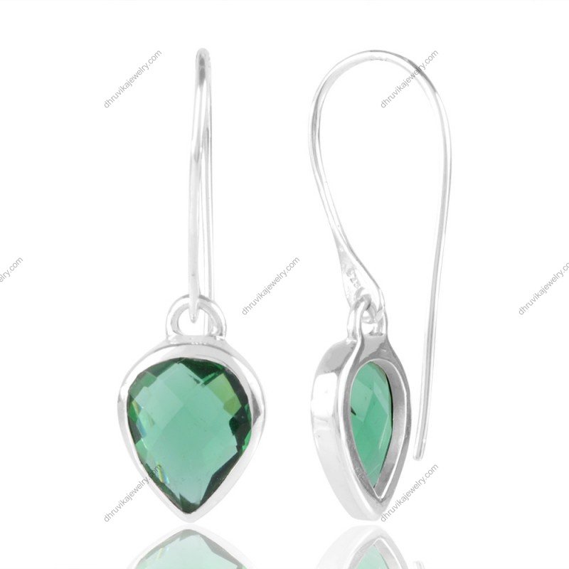 Sterling silver green quartz dangle earrings with pear-cut faceted gemstones view1